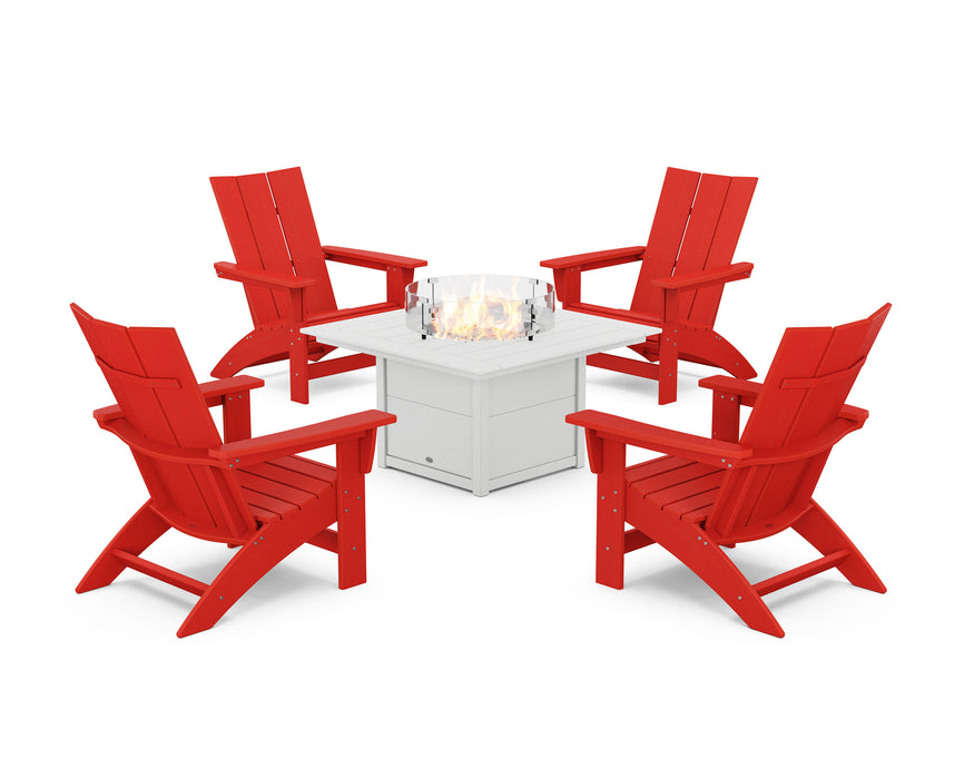 POLYWOOD® 5-Piece Modern Grand Adirondack Conversation Set with Fire Pit Table in Sunset Red / White
