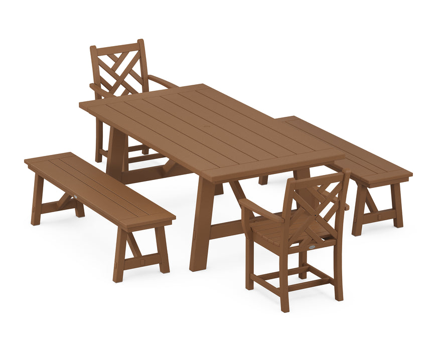 POLYWOOD Chippendale 5-Piece Rustic Farmhouse Dining Set With Trestle Legs in Teak