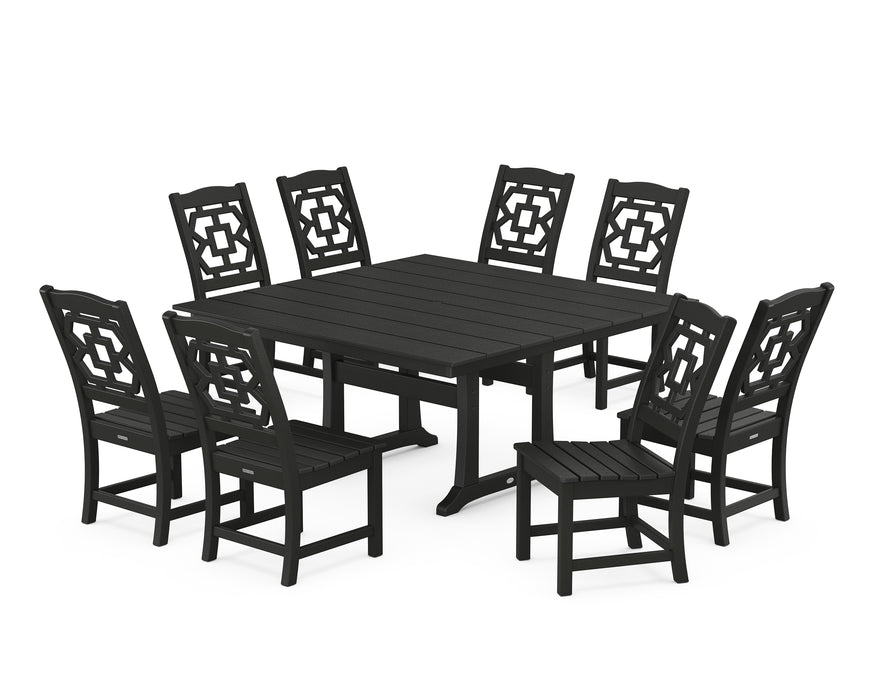 Martha Stewart by POLYWOOD Chinoiserie 9-Piece Square Farmhouse Side Chair Dining Set with Trestle Legs in Black