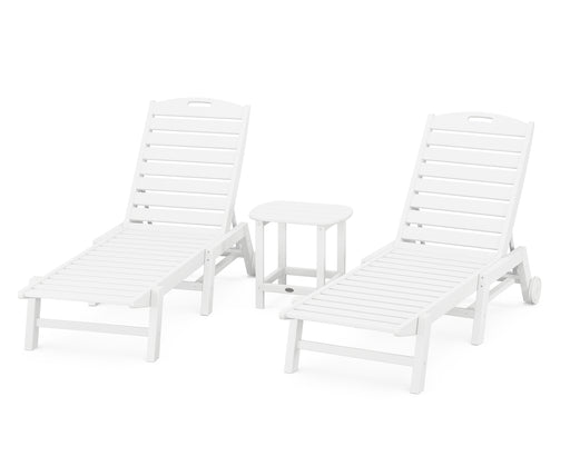POLYWOOD Nautical 3-Piece Chaise Lounge with Wheels Set with South Beach 18" Side Table in White