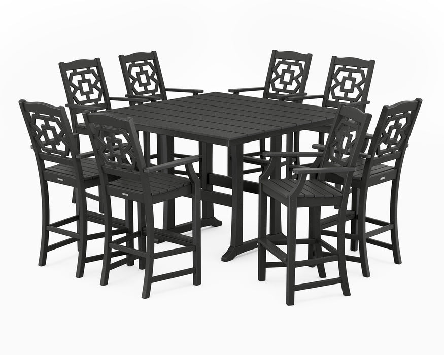 Martha Stewart by POLYWOOD Chinoiserie 9-Piece Square Farmhouse Bar Set with Trestle Legs in Black