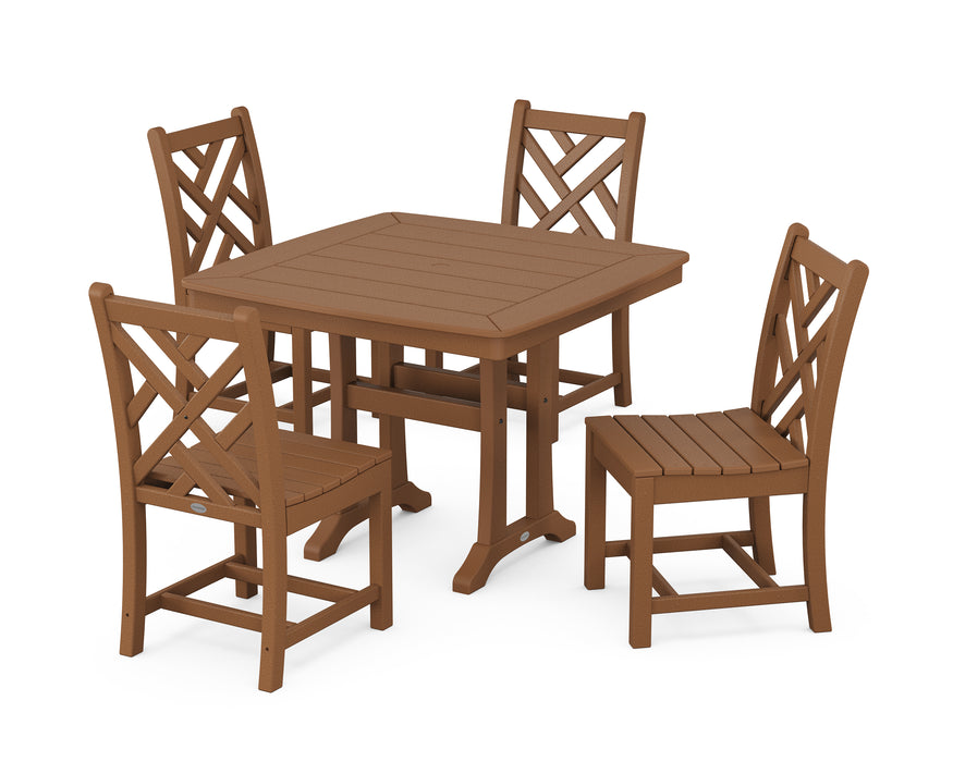 POLYWOOD Chippendale Side Chair 5-Piece Dining Set with Trestle Legs in Teak