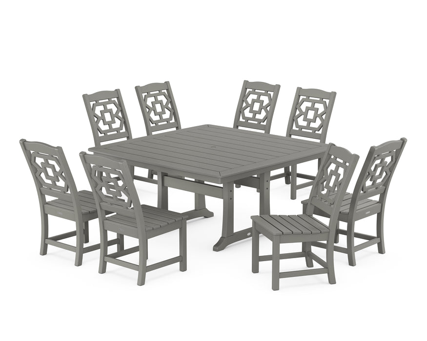 Martha Stewart by POLYWOOD Chinoiserie 9-Piece Square Side Chair Dining Set with Trestle Legs in Slate Grey