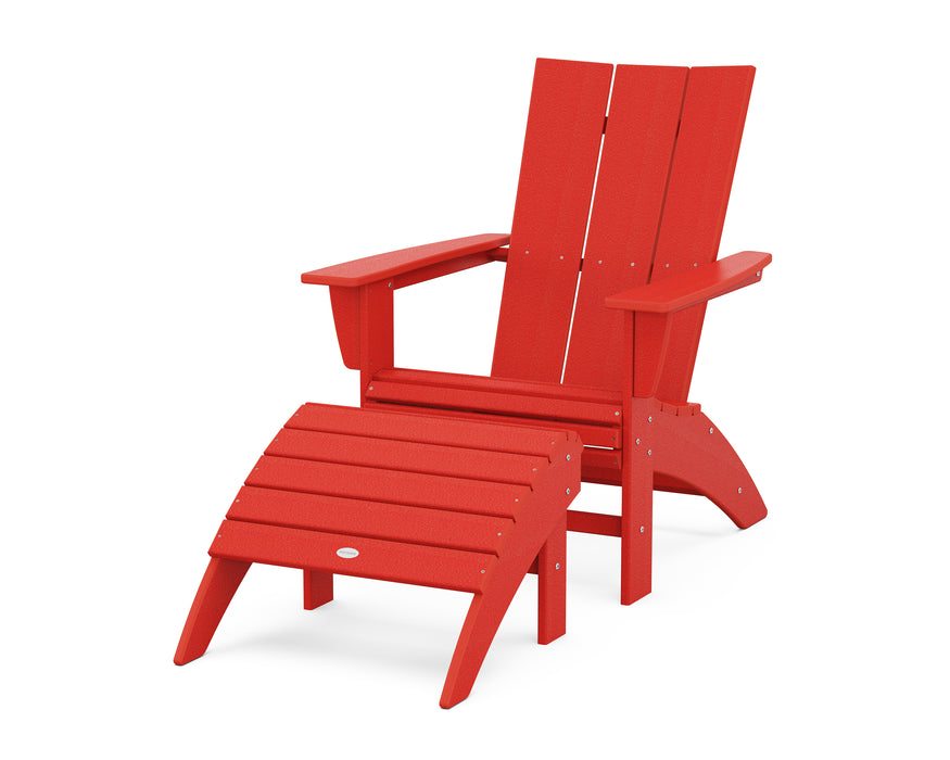 POLYWOOD Modern Curveback Adirondack Chair 2-Piece Set with Ottoman in Sunset Red