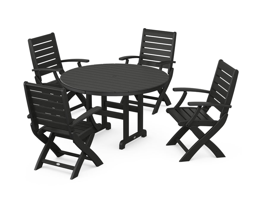 POLYWOOD Signature Folding Chair 5-Piece Round Farmhouse Dining Set in Black