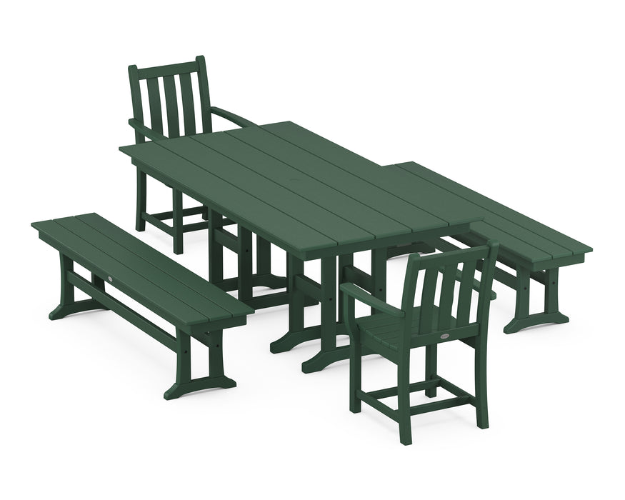 POLYWOOD Traditional Garden 5-Piece Farmhouse Dining Set with Benches in Green