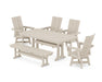 POLYWOOD Modern Curveback Adirondack Swivel Chair 6-Piece Dining Set with Trestle Legs and Bench in Sand