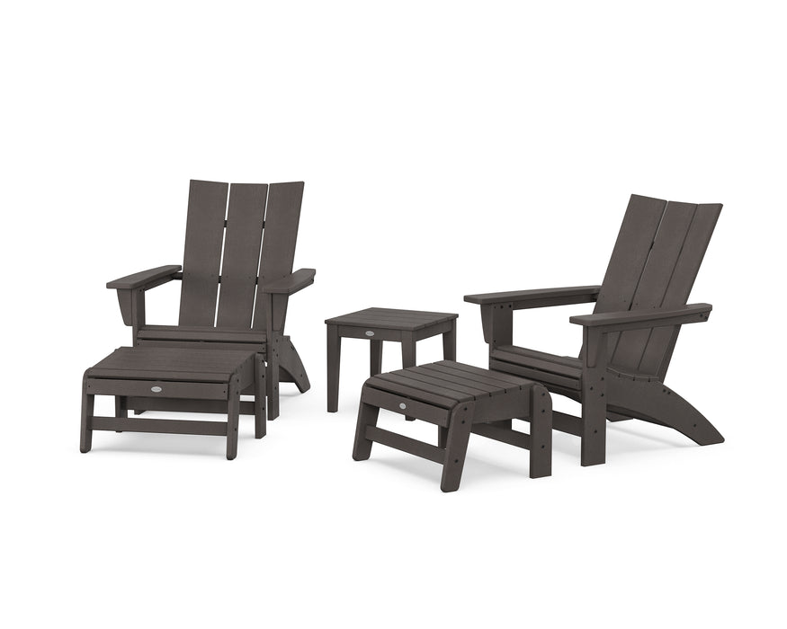POLYWOOD® 5-Piece Modern Grand Adirondack Set with Ottomans and Side Table in Vintage Coffee