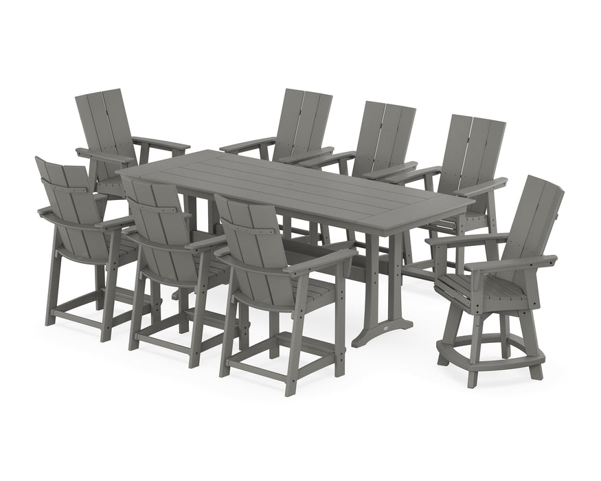 POLYWOOD® Modern Curveback Adirondack Swivel 9-Piece Farmhouse Counter Set with Trestle Legs in Teak