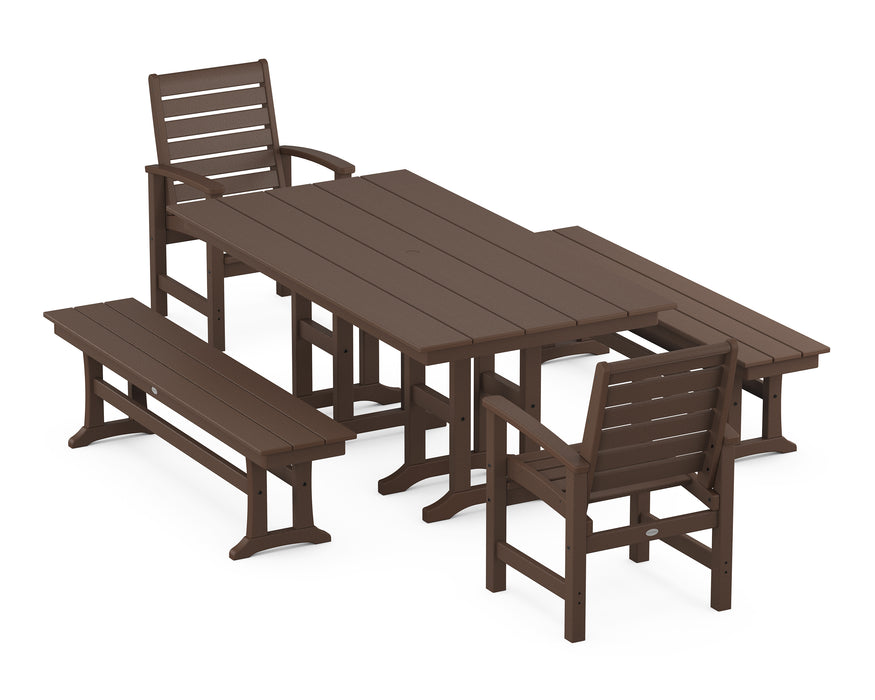 POLYWOOD Signature 5-Piece Farmhouse Dining Set with Benches in Mahogany