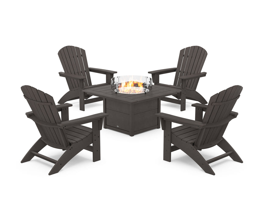 POLYWOOD® 5-Piece Nautical Grand Adirondack Conversation Set with Fire Pit Table in Vintage Coffee