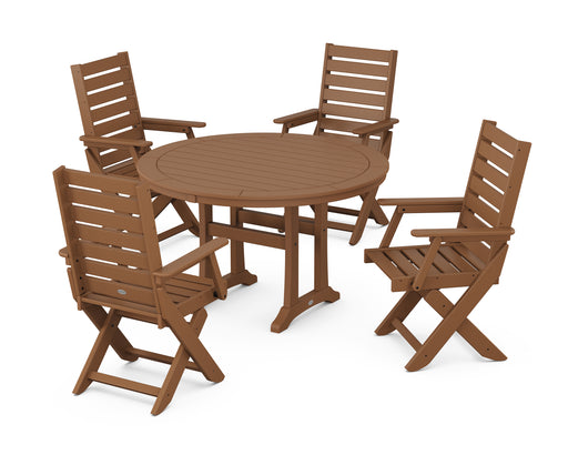 POLYWOOD Captain 5-Piece Round Dining Set with Trestle Legs in Teak