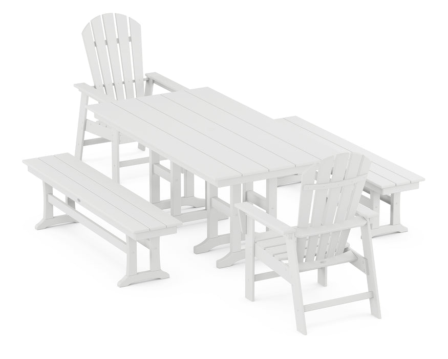 POLYWOOD South Beach 5-Piece Farmhouse Dining Set with Benches in White