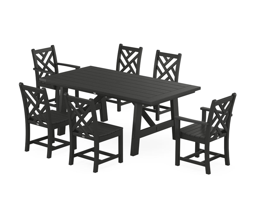 POLYWOOD Chippendale 7-Piece Rustic Farmhouse Dining Set With Trestle Legs in Black