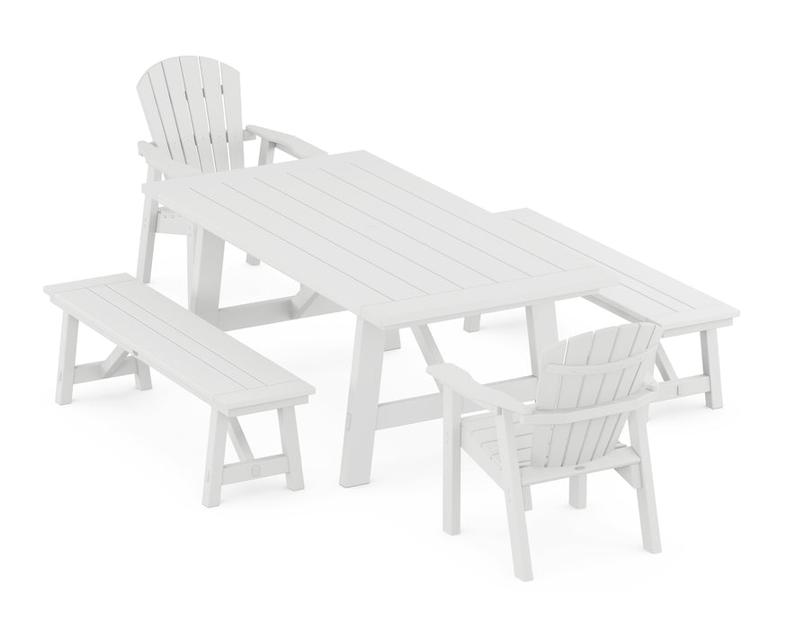 POLYWOOD Seashell 5-Piece Rustic Farmhouse Dining Set With Benches in White