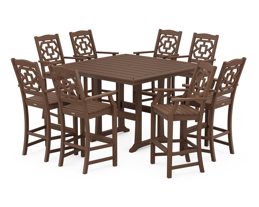 Martha Stewart by POLYWOOD Chinoiserie 9-Piece Square Bar Set with Trestle Legs in Mahogany