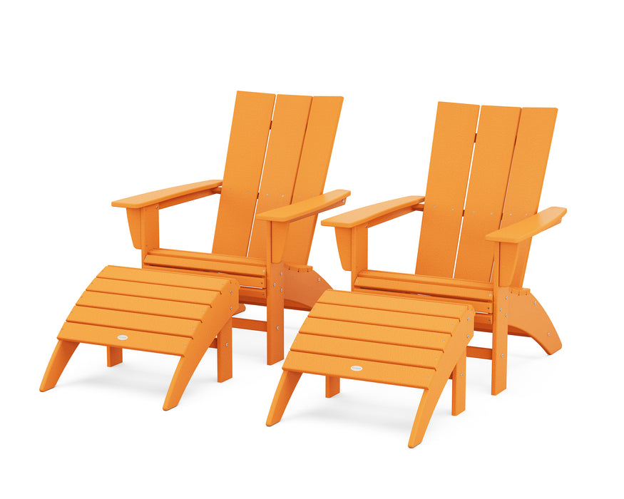 POLYWOOD Modern Curveback Adirondack Chair 4-Piece Set with Ottomans in Tangerine