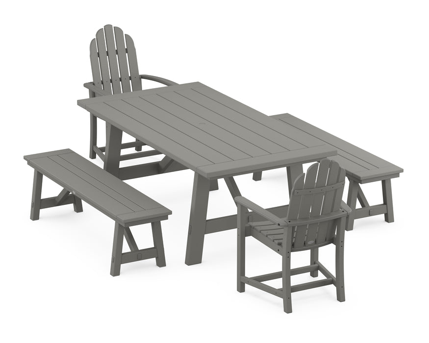 POLYWOOD Classic Adirondack 5-Piece Rustic Farmhouse Dining Set With Benches in Slate Grey