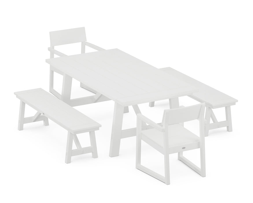 POLYWOOD EDGE 5-Piece Rustic Farmhouse Dining Set With Benches in White