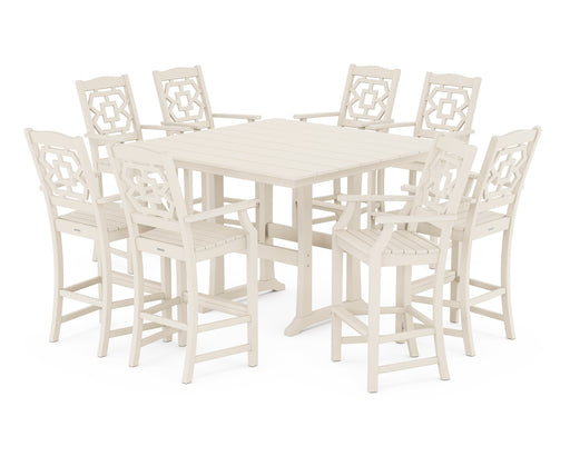 Martha Stewart by POLYWOOD Chinoiserie 9-Piece Square Farmhouse Bar Set with Trestle Legs in Sand