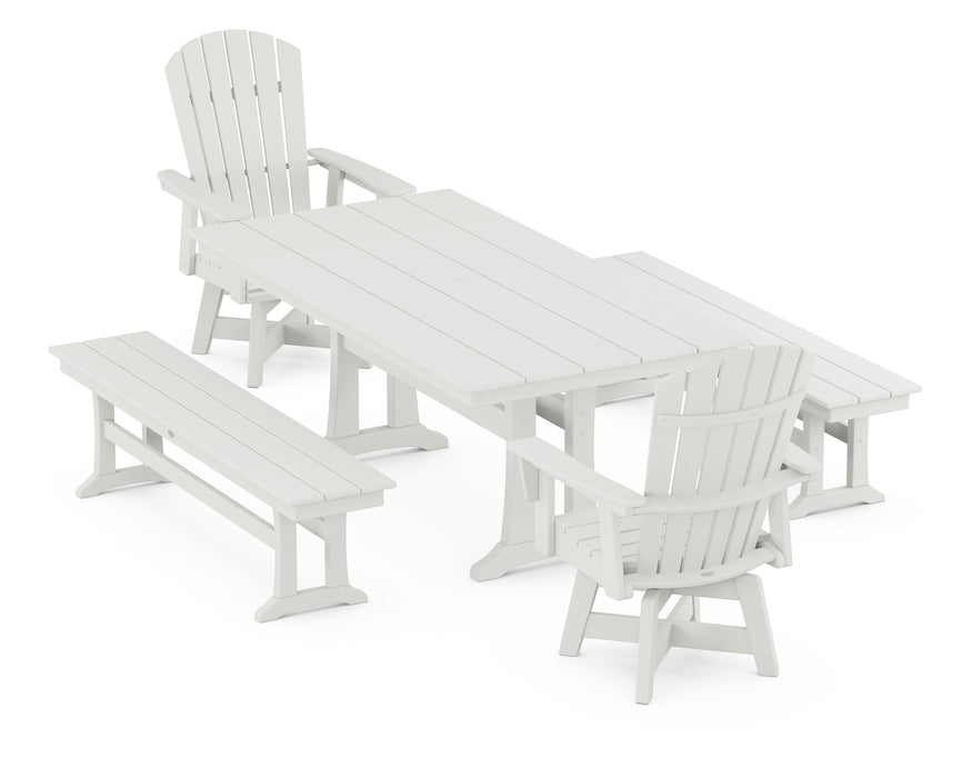 POLYWOOD Nautical Curveback Adirondack Swivel Chair 5-Piece Farmhouse Dining Set With Trestle Legs and Benches in Vintage White