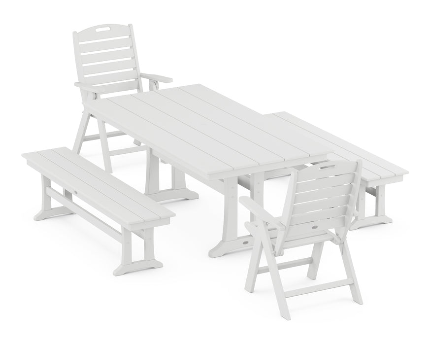 POLYWOOD Nautical Highback 5-Piece Farmhouse Dining Set With Trestle Legs in White