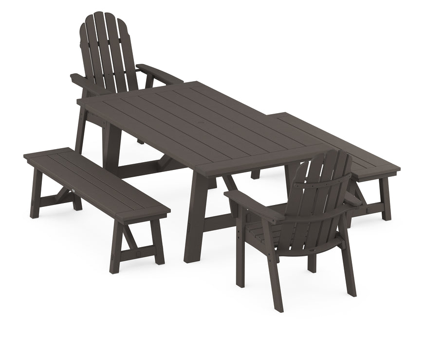 POLYWOOD Vineyard Adirondack 5-Piece Rustic Farmhouse Dining Set With Trestle Legs in Vintage Coffee