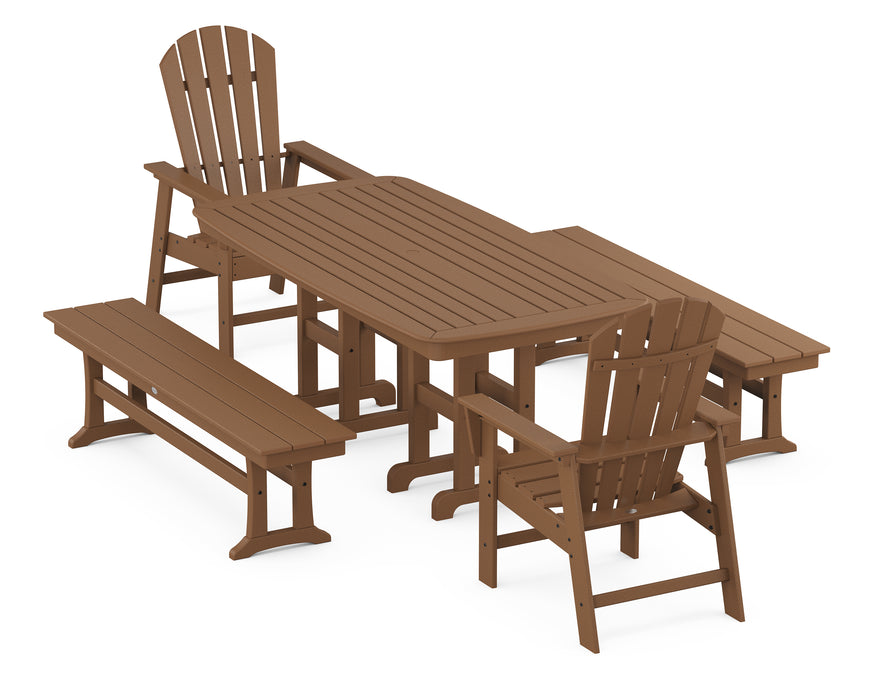 POLYWOOD South Beach 5-Piece Dining Set with Benches in Teak