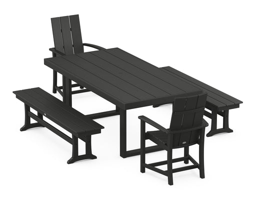 POLYWOOD Modern Adirondack 5-Piece Dining Set with Benches in Black