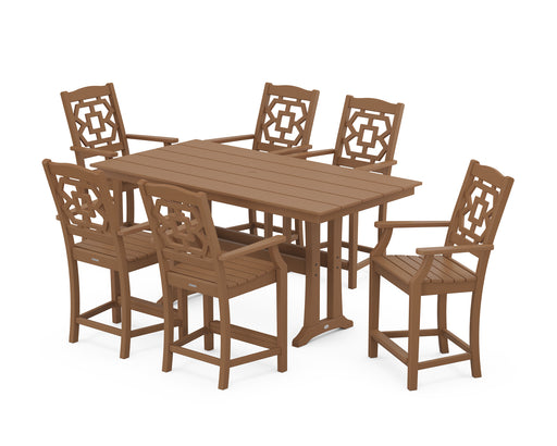 Martha Stewart by POLYWOOD Chinoiserie Arm Chair 7-Piece Farmhouse Counter Set with Trestle Legs in Teak