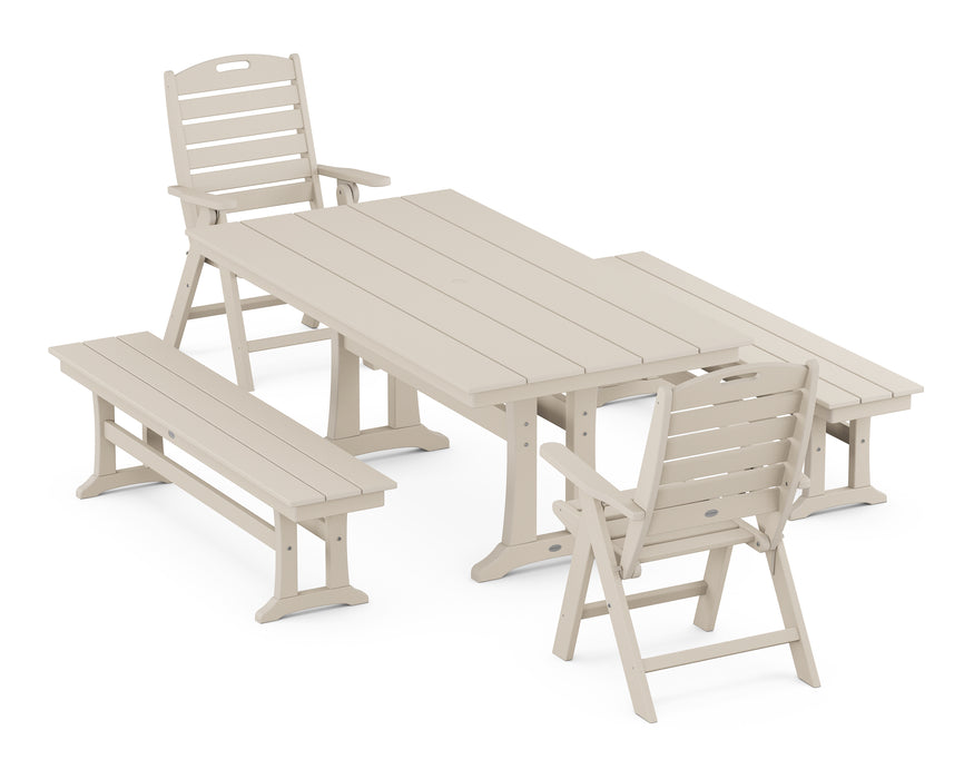POLYWOOD Nautical Highback Chair 5-Piece Farmhouse Dining Set With Trestle Legs and Benches in Sand