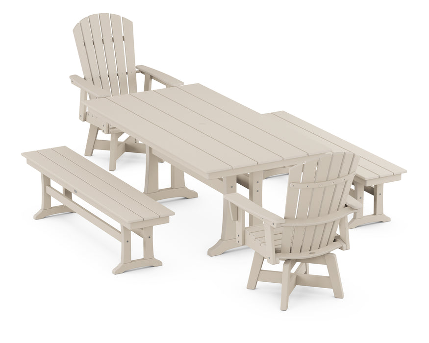 POLYWOOD Nautical Curveback Adirondack Swivel Chair 5-Piece Farmhouse Dining Set With Trestle Legs and Benches in Sand