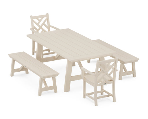 POLYWOOD Chippendale 5-Piece Rustic Farmhouse Dining Set With Benches in Sand