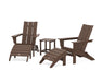 POLYWOOD Modern Folding Adirondack Chair 5-Piece Set with Ottomans and 18" Side Table in Mahogany