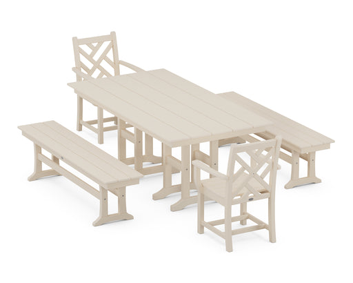 POLYWOOD Chippendale 5-Piece Farmhouse Dining Set with Benches in Sand