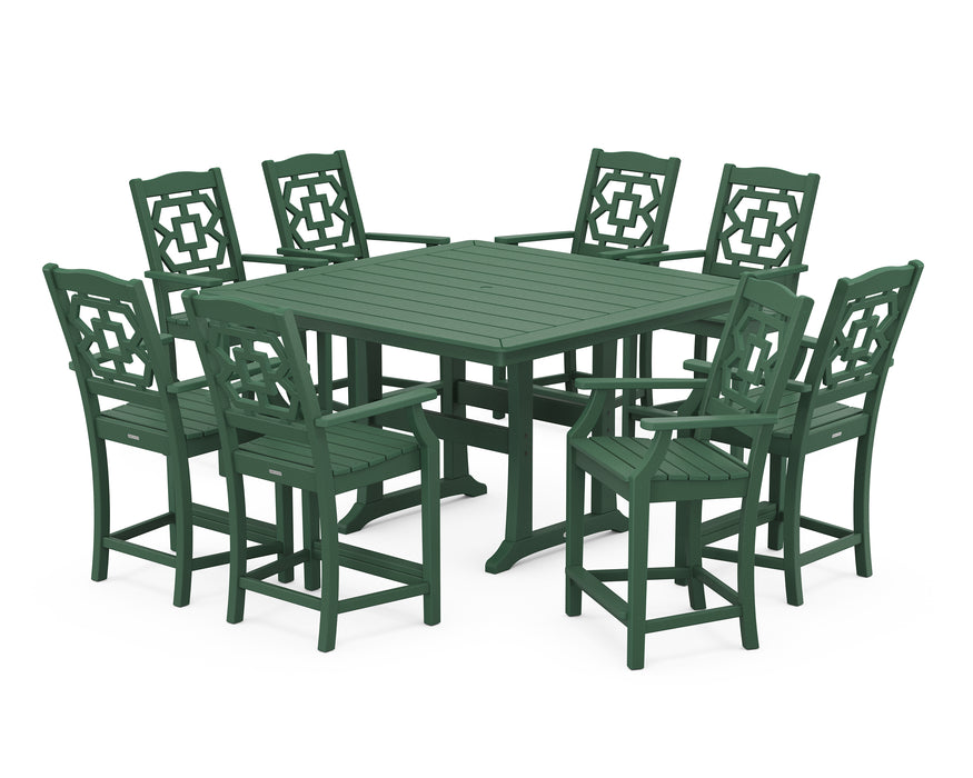 Martha Stewart by POLYWOOD Chinoiserie 9-Piece Square Counter Set with Trestle Legs in Green