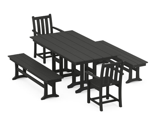 POLYWOOD Traditional Garden 5-Piece Farmhouse Dining Set with Benches in Black