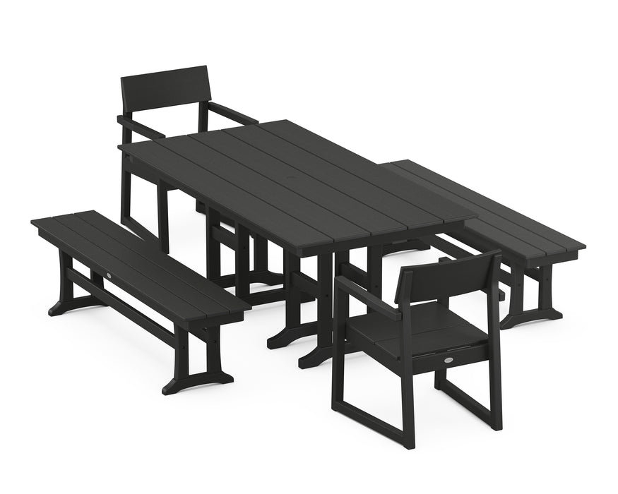 POLYWOOD EDGE 5-Piece Farmhouse Dining Set with Benches in Black