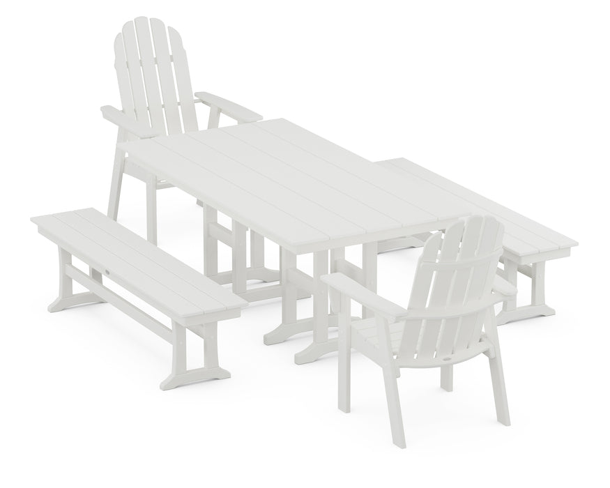 POLYWOOD® Vineyard Curveback Adirondack 5-Piece Farmhouse Dining Set with Benches in Vintage White