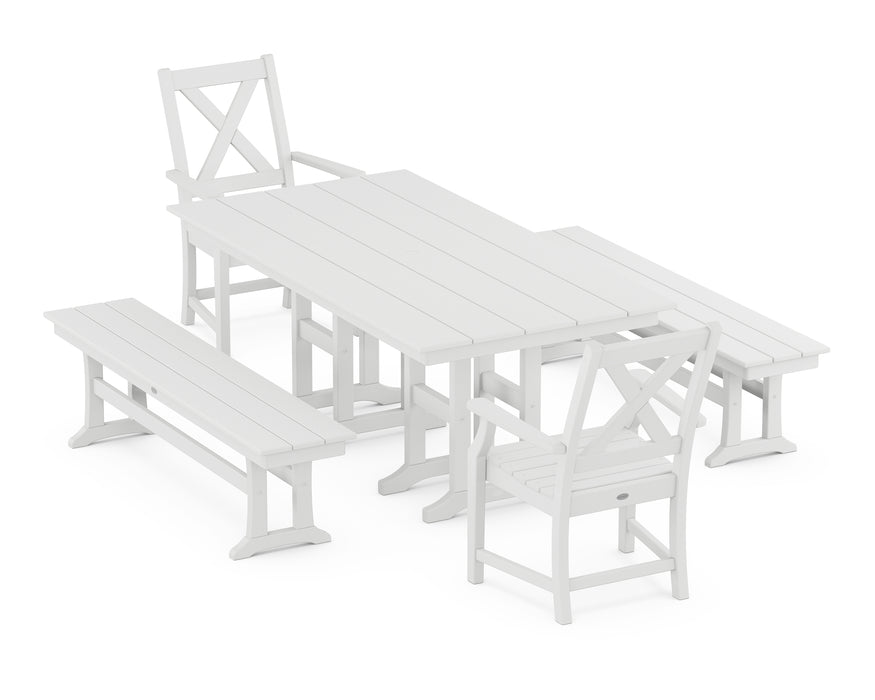 POLYWOOD Braxton 5-Piece Farmhouse Dining Set with Benches in White