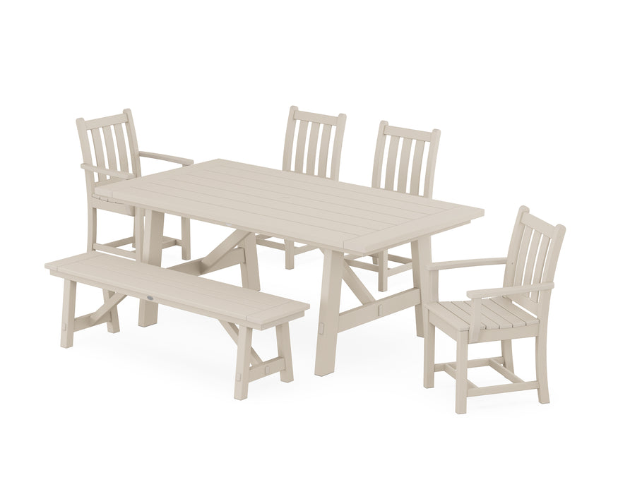 POLYWOOD Traditional Garden 6-Piece Rustic Farmhouse Dining Set With Bench in Sand