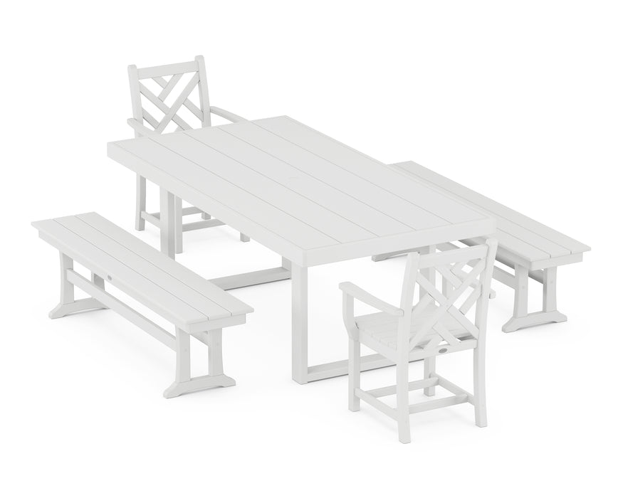 POLYWOOD Chippendale 5-Piece Dining Set with Benches in White