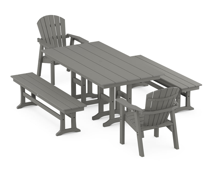 POLYWOOD Seashell 5-Piece Farmhouse Dining Set with Benches in Slate Grey