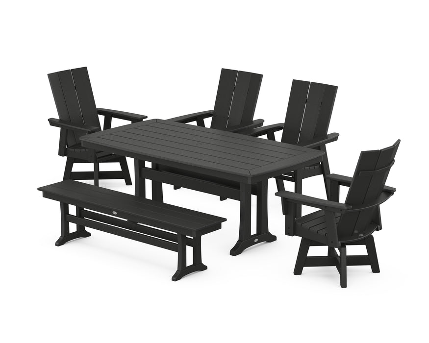 POLYWOOD Modern Curveback Adirondack Swivel Chair 6-Piece Dining Set with Trestle Legs and Bench in Black
