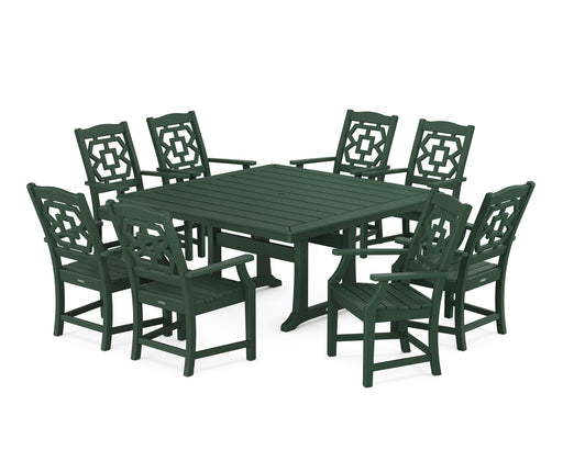 Martha Stewart by POLYWOOD Chinoiserie 9-Piece Square Dining Set with Trestle Legs in Green