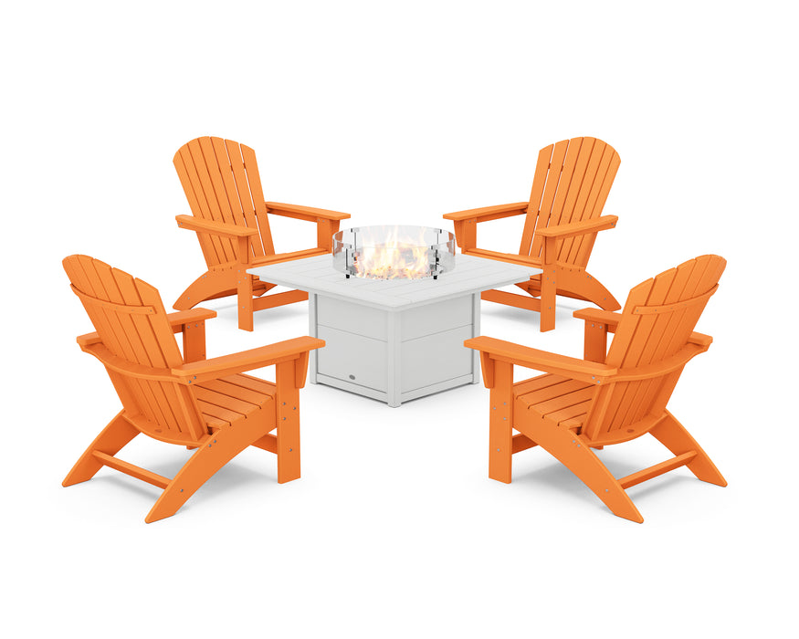 POLYWOOD® 5-Piece Nautical Grand Adirondack Conversation Set with Fire Pit Table in Tangerine / White