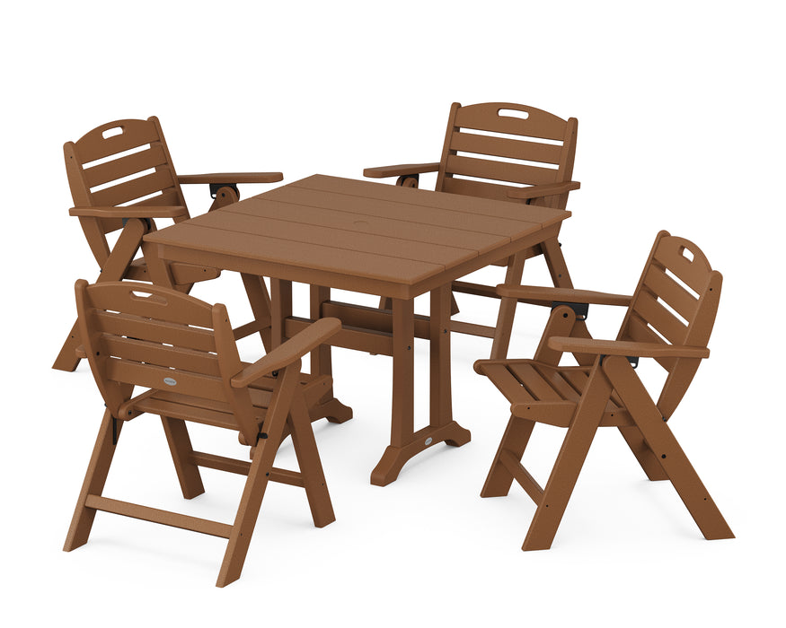 POLYWOOD Nautical Lowback 5-Piece Farmhouse Dining Set With Trestle Legs in Teak