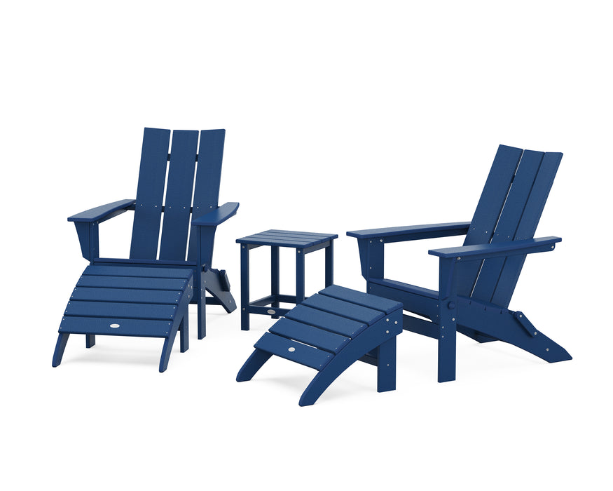POLYWOOD Modern Folding Adirondack Chair 5-Piece Set with Ottomans and 18" Side Table in Teak