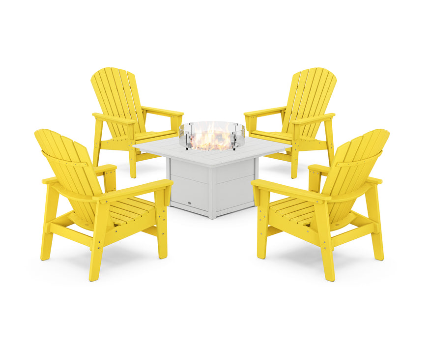 POLYWOOD® 5-Piece Nautical Grand Upright Adirondack Conversation Set with Fire Pit Table in Aruba / White