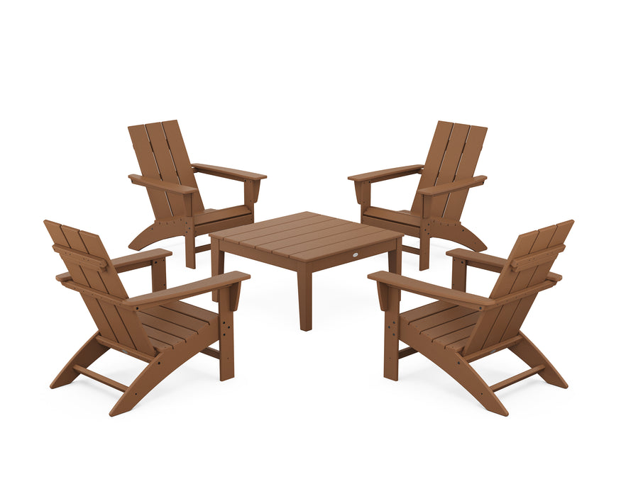 POLYWOOD 5-Piece Modern Adirondack Chair Conversation Set with 36" Conversation Table in Teak
